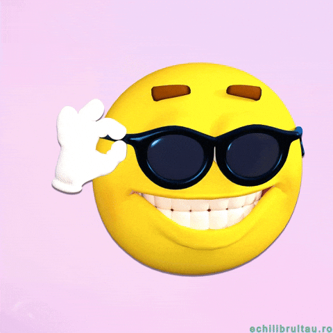 Digital art gif. Emoji springing back and forth, thumb and fore finger placed on the temple of its sunglasses, grinning broadly.