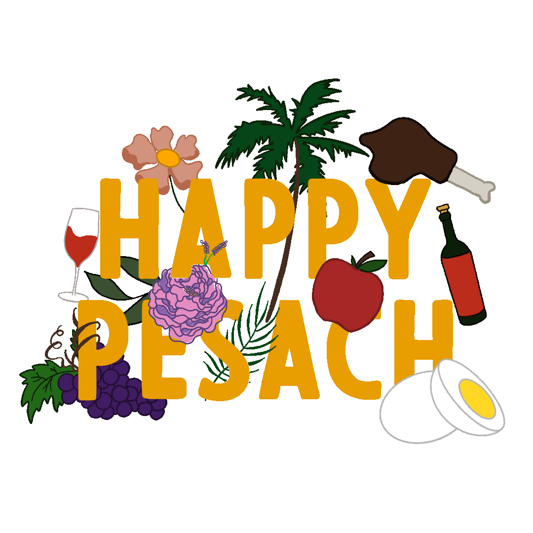 Illustrated gif. Fruit, wine, boiled eggs, sprouting flora, and a leg of lamb intertwine with text against a transparent background. Text, "Happy Pesach."