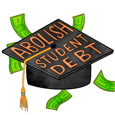 Digital art gif. Illustration of a black graduation cap with the words "Abolish student debt" printed in orange letters on top. The cap is surrounded by falling money.