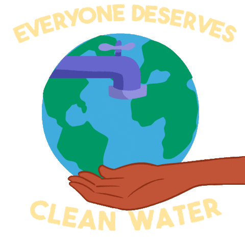 Digital art gif. Animation of a dripping faucet in front of the planet Earth. The faucet drips into two outstretched hands, one after the other. Text, "Everyone deserves clean water."