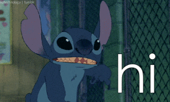 Cartoon gif. Stitch in Lilo and Stitch leans forward, reaching his hand out, and grinning with all his teeth showing as he says, “Hi.”