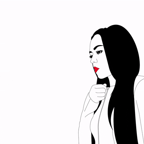Illustrated gif. A woman drawn in black and white with long dark hair begins to unzip her top, from which multi colored translucent shapes fly out. 