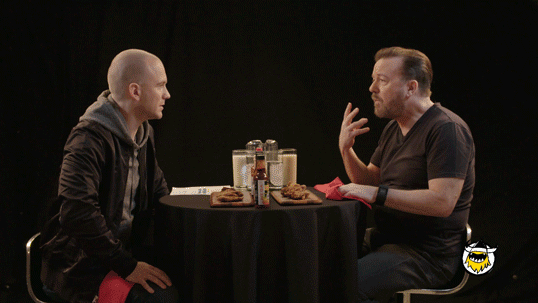 ricky gervais hot ones GIF by First We Feast: Hot Ones