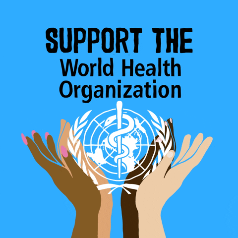Digital art gif. Four hands hold up a white logo of a serpent coiled around a staff with a globe behind it. Text, "Support the World Health Organization."