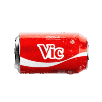 Sponsored gif. A red can of Coca-Cola with the name "Vic" drops into frame, pauses, and then drops out of sight.