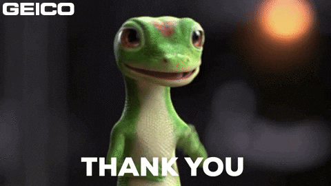 Ad gif. The Geico gecko smiles up at someone, gesturing with a pointing index finger as he says genuinely, "Thank you very much!"