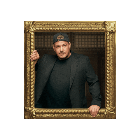 Sponsored sticker gif. Gold-framed portrait of Traitors cast member Rob Mariano pulses forward and back.