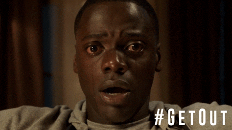 Movie gif. Daniel Kaluuya as Chris in "Get Out" has tears streaming out of his big red eyes, looking terrified with his mouth partly opened.