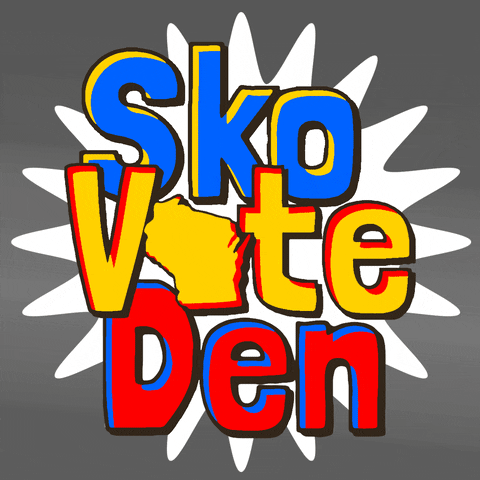Digital art gif. White starburst circle turns counterclockwise behind a colorful message that reads “Sko Vote Den” with the shape of the state of Minnesota in place of the “O” in Vote, all against a gray background.