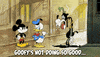 Disney gif. Mickey Mouse, Donald Duck, and Goofy stand in an alleyway. Donald points over to Goofy and says, "Goofy's not doing too good," which is quite true, as Goofy is literally fuming and melting into a puddle of black oil from the extreme heat. Sweat drips off of Mickey and Donald's foreheads as Mickey watches in shock.