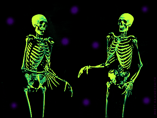 Digital art gif. Two neon green skeletons dance bonily with purple polka dots flashing in the background.