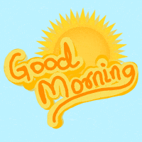 Text gif. The text, "Good Morning," appears in yellow and orange handwritten letters in front of a digital illustration of a bright yellow sun with sharp swirling beams of light radiating off of it. 