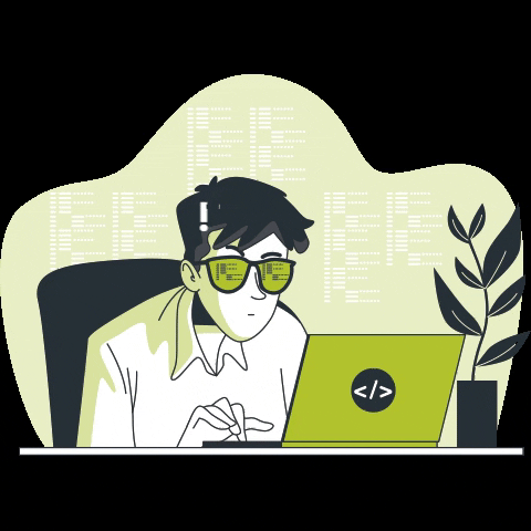 An animated man is working on his laptop. 