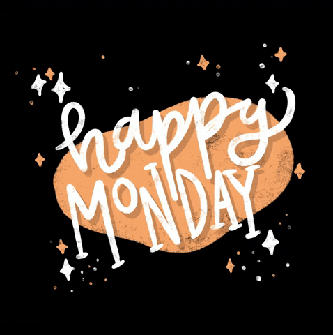 Text gif. Text over a small pastel background with twinkling stars around it reads, "Happy monday."