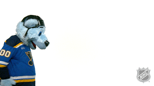 Video gif. Person dressed in a Louie mascot costume for the St. Louis Blues sidles across a white background with mouth hanging awkwardly open, rolling his belly in a backwards circular motion with each advancing step. The NHL logo appears at the bottom corner.