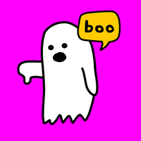 Illustrated gif. A ghost floating on a pink background giving a thumbs-down and saying "boo."