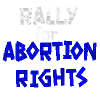 Text gif. Letters of white and blue tape read "Rally for abortion rights."