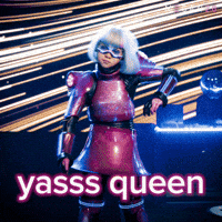 Sponsored gif. Girl dressed in futuristic plastic armor does a robotic dance move on stage. Text in front of her reads, “Yasss queen.”
