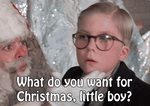 Movie gif. Peter Billingsley playing Ralphie in A Christmas Story sits on Santa’s lap, looking overwhelmed. Santa turns Ralphie’s face towards his own and asks, “What do you want for Christmas, little boy?” 
