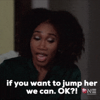 Movie gif. Brittany S. Hall as Monica in Christmas Dilemma cheers on enthusiastically. Text, "if you want to jump her we can. OK?!"