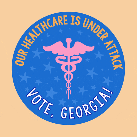 Digital art gif. Blue circular sticker against a beige background features a pink medical symbol of a staff entwined by two serpents, topped with flapping wings and surrounded by light blue dancing stars. Text, “Our healthcare is under attack. Vote, Georgia!”