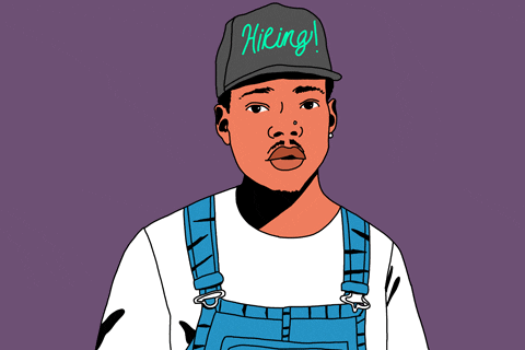 Illustrated gif. Chance the Rapper wearing a baseball cap that says "Hiring!" and wearing overalls, from which a smaller Chance the Rapper pops out.