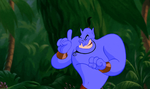 Disney gif. The Genie from Aladdin points his finger to the side enthusiastically, then his jaw drops wide open and his ponytail flops forward onto his forehead.