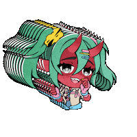 Sponsored sticker gif. Red anime girl with demon horns and green hair smiles. Entire gif bobs and weaves around.