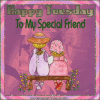 Digital art gif. Inside a square that has a faded flower backdrop, two blonde girls have their backs turned towards us as they sit on a small bench. The leftmost girl wears a lavender-themed outfit while the rightmost one has a light pink wardrobe. Flowers rest beside them and glimmer alongside the image's border and parts of the girls' outfits. Text above reads, "Happy Tuesday to My Special Friend."