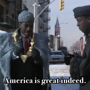 Movie gif. Eddie Murphy and Arsenio Hall as Prince Akeem and Semmi in Coming to America, Akeem explaining excitedly to Semmi, "America is great indeed, Imagine a country so free Trump Republicans can spread false claims around election results."