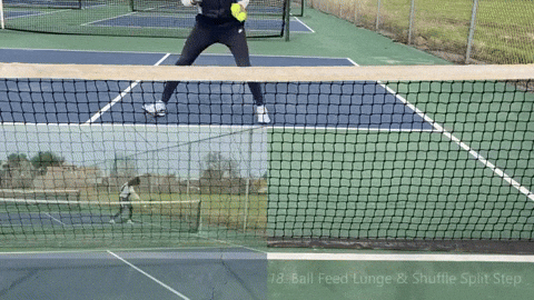 Bài tập chùng chân, di chuyển và đánh bóng mô phỏng kết hợp bước chia (Ball It Lunge & Shuffle Split Step)