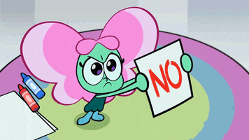 Cartoon gif. Bacon Berry on Big Blue has a super angry look on her face as she holds up a piece of paper with the word, “No” written in big red letters.