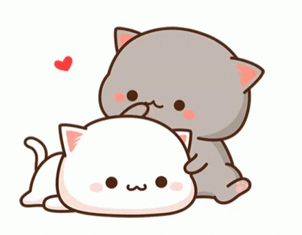 Kawaii gif. A gray cat strokes the head of a white cat. The white cat blinks happily, feeling soothed. Both cats' ears twitch around in satisfaction while a cute beating red heart blinks above both of them. 