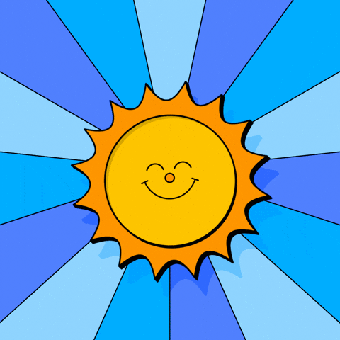 Digital illustration gif. Smiling sun beams radiating light, bouncing in and out of a spinning color-blocked blue background. 