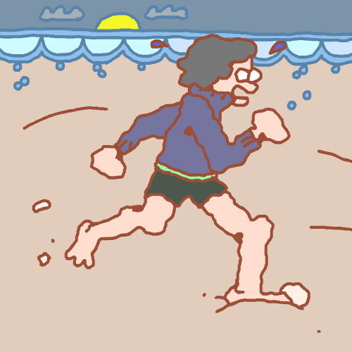 Cartoon gif. An animated man in shorts and a turtle neck runs down a sandy beach. 
