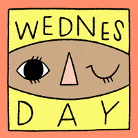 Digital art gif. A geometric face with two large eyes blinks in alternating rhythm. Script reads, "Wednesday."