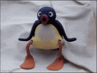 Sponsored gif. Pingu the claymation penguin flutters his wings at his side while looking shocked.