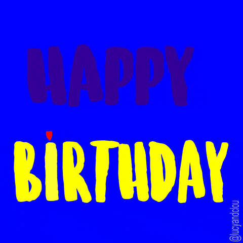 Text gif. The text, "Happy Birthday," alternates between multiple neon colors against a blue background. A red heart appears above the letter I in birthday. 