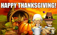 Digital art gif. Pilgrim woman and man pray over a table full of food. Behind is a huge cornucopia that is overflowing with corn, grapes, apples, and a pumpkin. Text, “Happy Thanksgiving.”