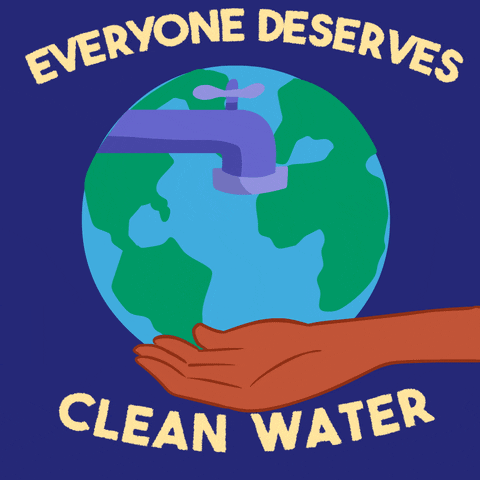Digital art gif. Animation of a dripping faucet in front of the planet Earth. The faucet drips into two outstretched hands, one after the other, all against a dark blue background. Text, "Everyone deserves clean water."