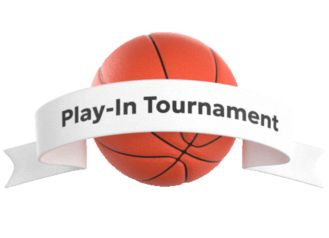 Sticker gif. Basketball spins over a transparent background behind a banner that reads, “Play-In Tournament.”