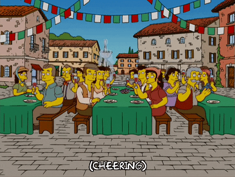 episode 8 group eating dinner in italy GIF
