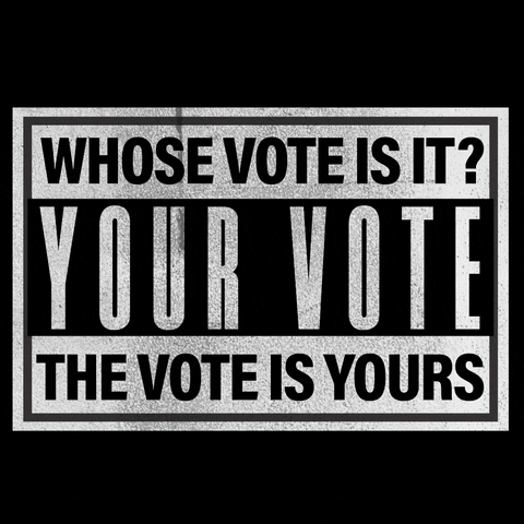 Text gif. Sticker fashioned in the style of a parental advisory warning on a black background. Text, "Whose vote is it? Your vote, The vote is yours."