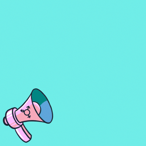 Digital art gif. Illustration of a megaphone, the words "Reject hate, celebrate!" emanating in large, all-caps text from the mouth of the megaphone, everything against a teal background.