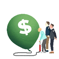Digital art gif. Illustration of cartoon versions of Jeff Bezos, Elon Musk, and Mark Zuckerberg, all standing together as Bezos uses a pump to inflate a giant green balloon. The balloon is labeled with a giant dollar sign and text that reads, "Inflation is price gouging and corporate greed."