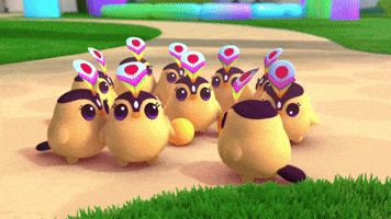 Cartoon gif. A flock of baby Hino Tari birds from True and the Rainbow Kingdom are gathered together and then they face us, as one flies toward us with a kissy face.