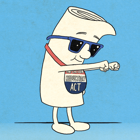 Digital art gif. Dancing white rolled-up legislative bill wearing sunglasses dances against a light blue background. The bill wears a sash with a red, white, and blue button that says, “Inflation Reduction Act.”
