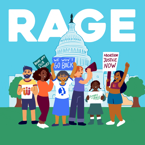 Digital art gif. Group of cartoon people of different races and genders stand in front of a rotating plethora of backdrops, including the US Capitol building, a convention center, and park. They hold signs that say "Bans off our bodies; We won't go back; Summer of rage; and Abortion justice now." Text, "Vote, rage, convene."