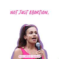Digital art gif. Alexis McGill Johnson holds a microphone to her mouth. White and pink text above her head reads, "We will build a new infrastructure that protects not just abortion, but trans rights, voting rights, workers' rights, accessibility rights."
