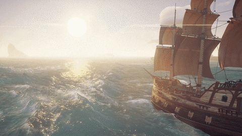 a large pirate ship sails off into the horizon with the sun starting to set and other ships and clouds in the distant